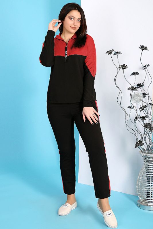 Women's sports suit cotton black with red