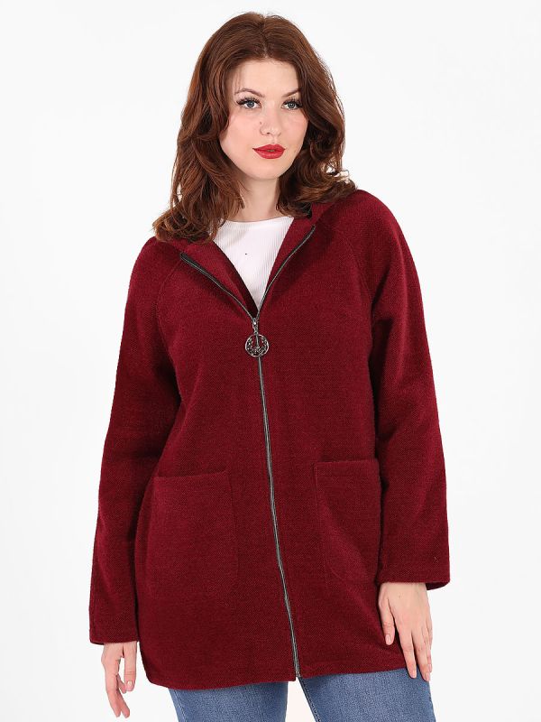 Warm zip-up cardigan with hood burgundy women's