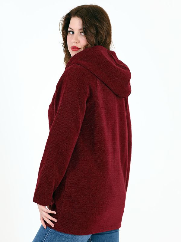 Warm zip-up cardigan with hood burgundy women's